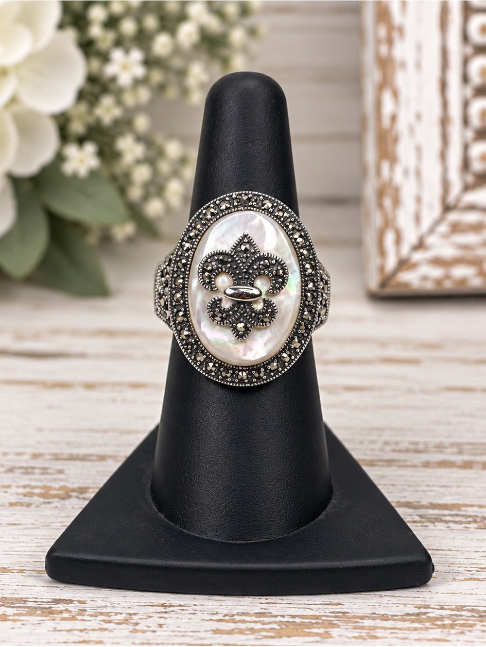 Dallas Prince Mother of Pearl Marcasite Fleur De Lis Statement Ring